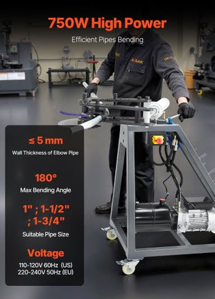 Electric Tube Bending Machine, 750W Electric Tubing Bender with 6L Hydraulic Cylinder, Movable Pipe Bender Machine with 3 Dies & 180° Max Bending Angle, Suitable for 1", 1-1/2", 1-3/4" Pipes