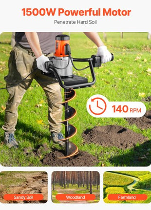 Electric Post Hole Digger, 5.71 in Auger Bit with 1500W Powerful Motor, 140 RPM Alloy Steel Earth Auger Drill Bit with 10.24 in Extension Rod, for Post Hole Digging, Drilling & Tree Planting