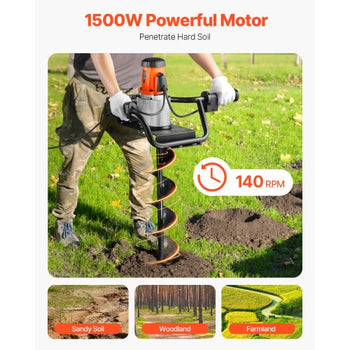Electric Post Hole Digger, 5.71 in Auger Bit with 1500W Powerful Motor, 140 RPM Alloy Steel Earth Auger Drill Bit with 10.24 in Extension Rod, for Post Hole Digging, Drilling & Tree Planting