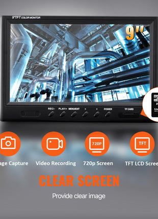 9-inch TFT color monitor with 720p screen, compact design, ideal for video recording and image capture.