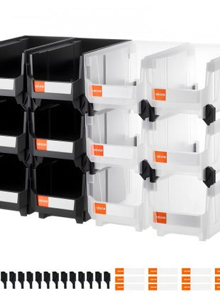 Plastic Stackable Storage Bins, 14.8 x 8.5 x 7.1 inch (12 Pack), Plastic Containers for Organizing & Storage Bins for Garage, Small Parts, Office Supplies, Other Accessories, Black & Transparent