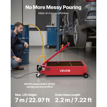 Low Profile Oil Drain Pan, 17 Gallon Capacity, Rolling Oil Drain Pan with Electric Pump, 7.2 ft Hose & T Folding Handle, Leak-proof & Corrosion-resistant, Fit for Cars, SUVs, Trucks, ATVs, Red