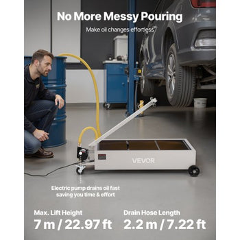 Low Profile Oil Drain Pan, 20 Gallon Capacity, Rolling Oil Drain Pan with Electric Pump, 7.2 ft Hose & T Folding Handle, Leak-proof & Corrosion-resistant, Fit for Cars, SUVs, Trucks, ATVs, White