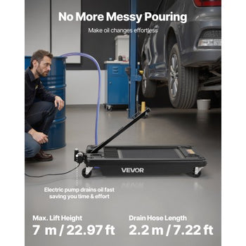 Low Profile Oil Drain Pan, 17 Gallon Capacity, Rolling Oil Drain Pan with Electric Pump, 7.2 ft Hose & T Folding Handle, Leak-proof & Corrosion-resistant, Fit for Cars, SUVs, Trucks, ATVs, Black