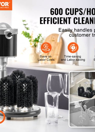 Electric Commercial Glass Washer, 5-Brush Bar Glass Cleaner, 600 Cups/Hour Wine Glass Cleaning Machine, Bar Glass Washer for Champagne Glasses, Beer Cups, Mugs, Perfect for Bars and Cafes
