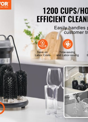 Electric Commercial Glass Washer, 5-Brush Bar Glass Cleaner, 1200 Cups/Hour Wine Glass Cleaning Machine, Bar Glass Washer for Champagne Glasses, Beer Cups, Mugs, Perfect for Bars and Cafes
