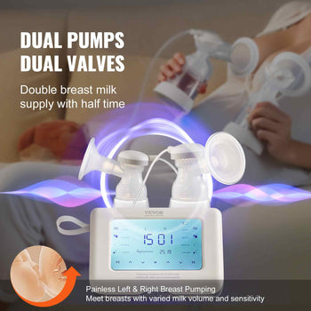 Dual electric breast pump with white dual valves and display, designed for painless left and right pumping convenience.