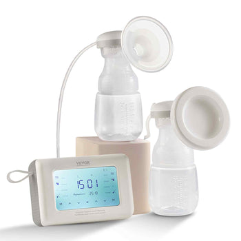 Vevor electric breast pump set, clear bottles, white flanges, and digital display for easy milk expression.