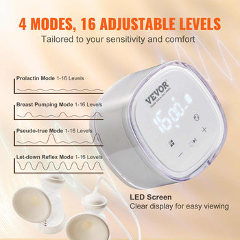 VEVOR multi-mode breast pump in sleek white, featuring an LED screen and 16 adjustable levels for comfort.