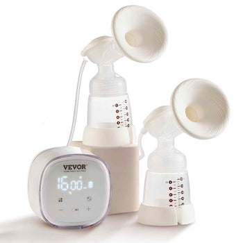 Vevor double electric breast pump with two transparent bottles, white flanges, and digital timer display.