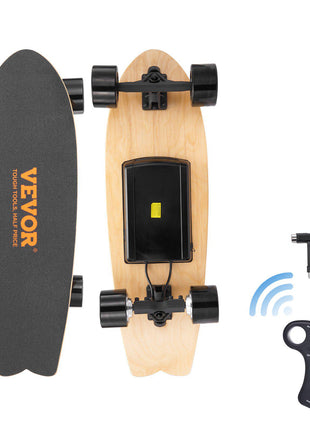 Vevor electric skateboard, wood deck, black grip tape, wireless remote, sleek design perfect for commuting.