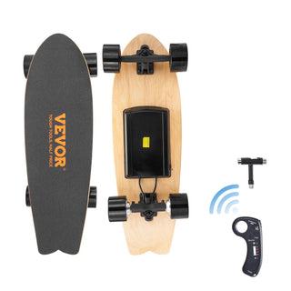 Vevor electric skateboard, wood deck, black grip tape, wireless remote, sleek design perfect for commuting.