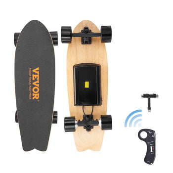 Vevor electric skateboard, wood deck, black grip tape, wireless remote, sleek design perfect for commuting.
