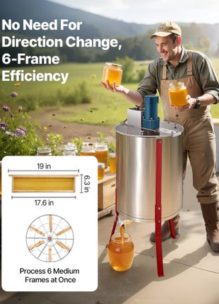 Electric Honey Extractor, 6 Frame Honey Spinner with Transparent Lid, 140W Stainless Steel Honeycomb Drum Spinner, Height Adjustable, Honeycomb Extraction Equipment for Beekeeping