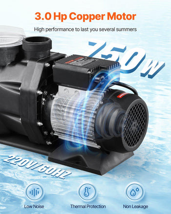 Above Ground Pool Pump, 3 HP, 149 GPM Max Flow Single Speed Swimming Pool Pump, 220V 3450 RPM 42 ft Max Head Lift with PP Shell Strainer Basket, 122°F Max Water Temp, for Hot Tubs Spas, No Plug
