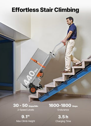 Electric Stair Climbing Dolly, 440lbs Capacity Electric Stair Climbing Hand Trucks with 157.5in Rope & Folding Handle, Heavy Duty Stair Climber for Warehouse Logistics, Moving Furniture(Silver)