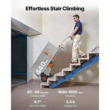 Electric Stair Climbing Dolly, 440lbs Capacity Electric Stair Climbing Hand Trucks with 157.5in Rope & Folding Handle, Heavy Duty Stair Climber for Warehouse Logistics, Moving Furniture(Silver)