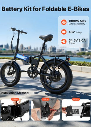 Folding Ebike Battery, 48V 10.4Ah Electric Bike Lithium Battery Pack with BMS, 3A Charger, Lock for 1000W E-Bike Motor, Detachable Electric Bicycle Replacement Kit with Handle & Discharge Socket
