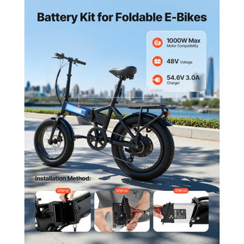 Folding Ebike Battery, 48V 10.4Ah Electric Bike Lithium Battery Pack with BMS, 3A Charger, Lock for 1000W E-Bike Motor, Detachable Electric Bicycle Replacement Kit with Handle & Discharge Socket