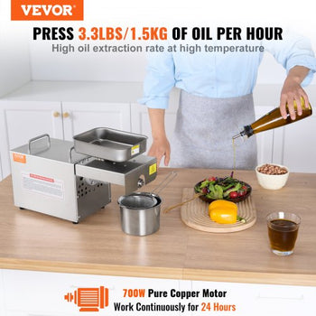 Electric Oil Press Machine, 700W Stainless Steel Oil Extractor Machine, 140? / 284? Constant Temperature, Hot Press Oil Expeller for Pressing Peanuts, Sesame Seeds, Rapeseed, Tea Seeds