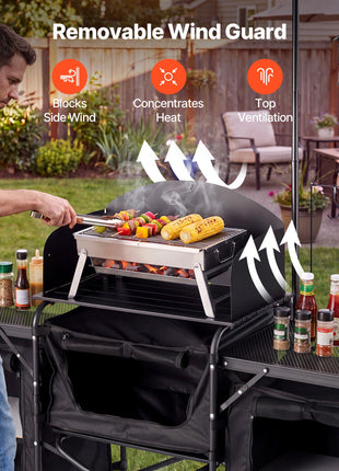Folding Camping Table, Outdoor Portable Table, Quick Set-up Kitchen Cook Station, with Storage Organizer, Telescoping Legs, a Detachable Windscreen, Carrying Bag, for Picnic BBQ RV Traveling