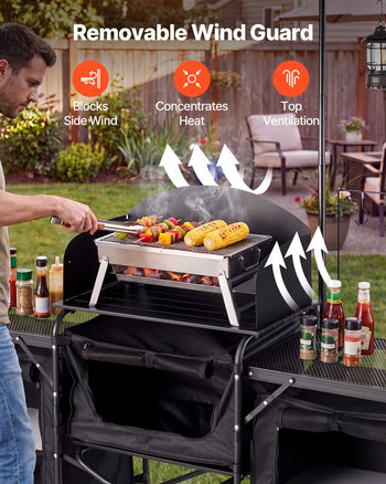 Folding Camping Table, Outdoor Portable Table, Quick Set-up Kitchen Cook Station, with Storage Organizer, Telescoping Legs, a Detachable Windscreen, Carrying Bag, for Picnic BBQ RV Traveling