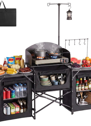 Folding Camping Table, Outdoor Portable Table, Quick Set-up Kitchen Cook Station, with Storage Organizer, Telescoping Legs, a Detachable Windscreen, Carrying Bag, for Picnic BBQ RV Traveling
