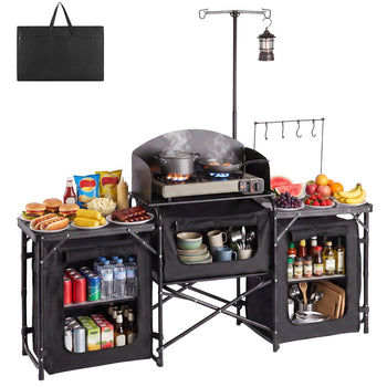 Folding Camping Table, Outdoor Portable Table, Quick Set-up Kitchen Cook Station, with Storage Organizer, Telescoping Legs, a Detachable Windscreen, Carrying Bag, for Picnic BBQ RV Traveling