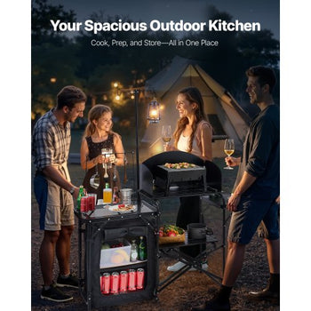 Camping Kitchen Table, Outdoor Camp Cooking Table, Aluminum Portable Cook Station with Storage Cupboard, Carrying Bag, Detachable Windscreen, Quick Set-up for BBQ Party Picnic RV Travel, Black