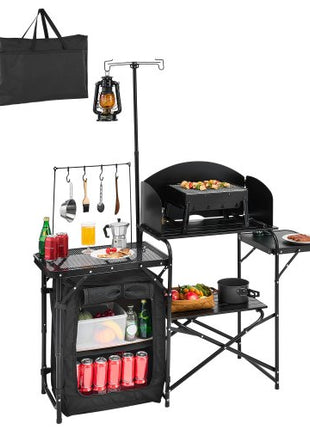 Camping Kitchen Table, Outdoor Camp Cooking Table, Aluminum Portable Cook Station with Storage Cupboard, Carrying Bag, Detachable Windscreen, Quick Set-up for BBQ Party Picnic RV Travel, Black