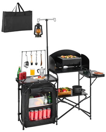 Camping Kitchen Table, Outdoor Camp Cooking Table, Aluminum Portable Cook Station with Storage Cupboard, Carrying Bag, Detachable Windscreen, Quick Set-up for BBQ Party Picnic RV Travel, Black