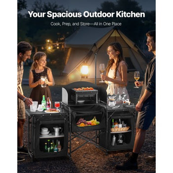 Camping Kitchen Table, Outdoor Camp Cooking Table, Aluminum Portable Cook Station with 3 Storage Cupboard, Carrying Bag, Detachable Windscreen, Quick Set-up for BBQ Party Picnic RV Travel, Black