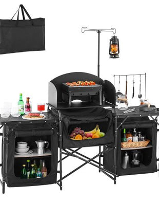 Camping Kitchen Table, Outdoor Camp Cooking Table, Aluminum Portable Cook Station with 3 Storage Cupboard, Carrying Bag, Detachable Windscreen, Quick Set-up for BBQ Party Picnic RV Travel, Black