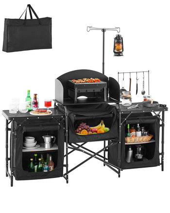 Camping Kitchen Table, Outdoor Camp Cooking Table, Aluminum Portable Cook Station with 3 Storage Cupboard, Carrying Bag, Detachable Windscreen, Quick Set-up for BBQ Party Picnic RV Travel, Black