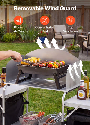 Folding Camping Table, Outdoor Portable Aluminum Lightweight Table, Quick Set-up Kitchen Cook Station, with Storage Organizer, Detachable Windscreen, Carrying Bag, Ideal for Picnic BBQ Traveling