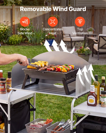 Folding Camping Table, Outdoor Portable Aluminum Lightweight Table, Quick Set-up Kitchen Cook Station, with Storage Organizer, Detachable Windscreen, Carrying Bag, Ideal for Picnic BBQ Traveling