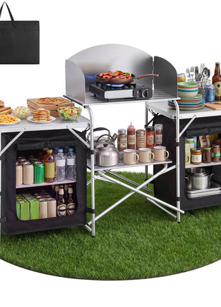 Folding Camping Table, Outdoor Portable Aluminum Lightweight Table, Quick Set-up Kitchen Cook Station, with Storage Organizer, Detachable Windscreen, Carrying Bag, Ideal for Picnic BBQ Traveling