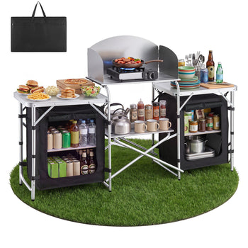 Folding Camping Table, Outdoor Portable Aluminum Lightweight Table, Quick Set-up Kitchen Cook Station, with Storage Organizer, Detachable Windscreen, Carrying Bag, Ideal for Picnic BBQ Traveling