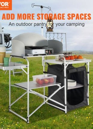 Camping Kitchen Table, Folding Outdoor Cooking Table with Storage Carrying Bag, Aluminum Cook Station 1 Cupboard & Detachable Windscreen, Quick Set-up for Picnics, BBQ, RV Traveling, Black