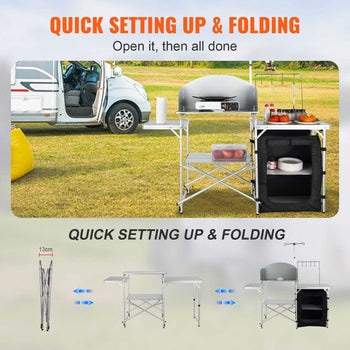 Portable folding outdoor kitchen in metallic silver and black, durable aluminum, ideal for camping and picnics.