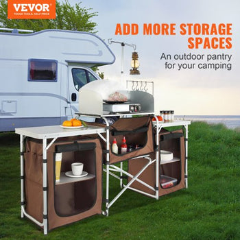 Camping Kitchen Table, Folding Outdoor Cooking Table with Storage Carrying Bag, Aluminum Cook Station 3 Cupboard & Detachable Windscreen, Quick Set-up for Picnics, BBQ, RV Traveling, Brown