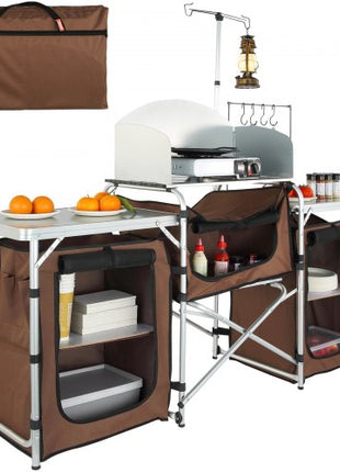 Camping Kitchen Table, Folding Outdoor Cooking Table with Storage Carrying Bag, Aluminum Cook Station 3 Cupboard & Detachable Windscreen, Quick Set-up for Picnics, BBQ, RV Traveling, Brown