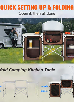 Slim-fold camping kitchen table in silver aluminum with brown fabric storage, featuring quick setup and foldable design.