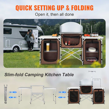 Slim-fold camping kitchen table in silver aluminum with brown fabric storage, featuring quick setup and foldable design.