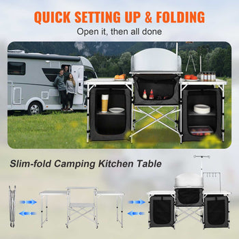 Slim-fold camping kitchen table with aluminum frame, black fabric storage, and quick-setup design for outdoor cooking.