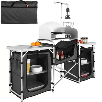 Portable outdoor camping kitchen, gray fabric, aluminum frame, features shelves, storage, and folding design.