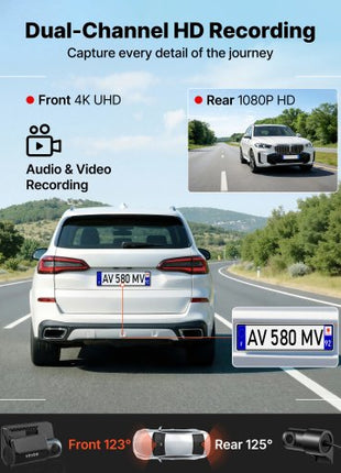 Dash Cam Front and Rear, 4K+1080P, WiFi APP Control, Dual Channel Dash Camera for Cars with Built-in GPS, G-Sensor, Front 123° & Rear 125°, 3" Large Screen, Loop Recording, and Parking Mode