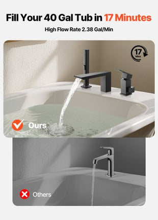 Roman Tub Faucet, 3 Hole Waterfall Bathtub Faucet,  Roman Bathtub Faucets Set with Shower Head & 1 Handle, Romans Bathtub Faucets for Pet Washing, Adult Bathing, Matte Black, Stainless Steel