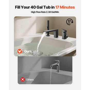 Roman Tub Faucet, 3 Hole Waterfall Bathtub Faucet,  Roman Bathtub Faucets Set with Shower Head & 1 Handle, Romans Bathtub Faucets for Pet Washing, Adult Bathing, Matte Black, Stainless Steel