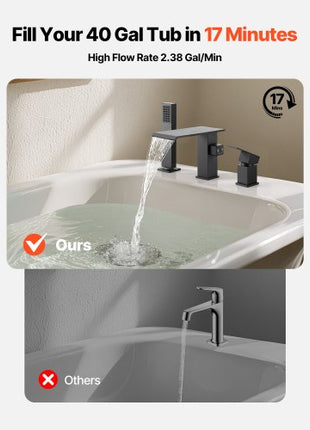 Roman Tub Faucet, 3 Hole Waterfall Bathtub Faucet, Roman Bathtub Faucets Set with Shower Head & 1 Handle, Deck Mount Bath Tub Faucets Set for Pet Washing, Baby Care, Adult Bathing, Matte Black